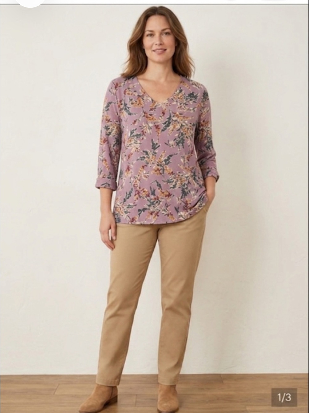 J Jill med Women's Dusty Mauve Floral V-Neck Blouse